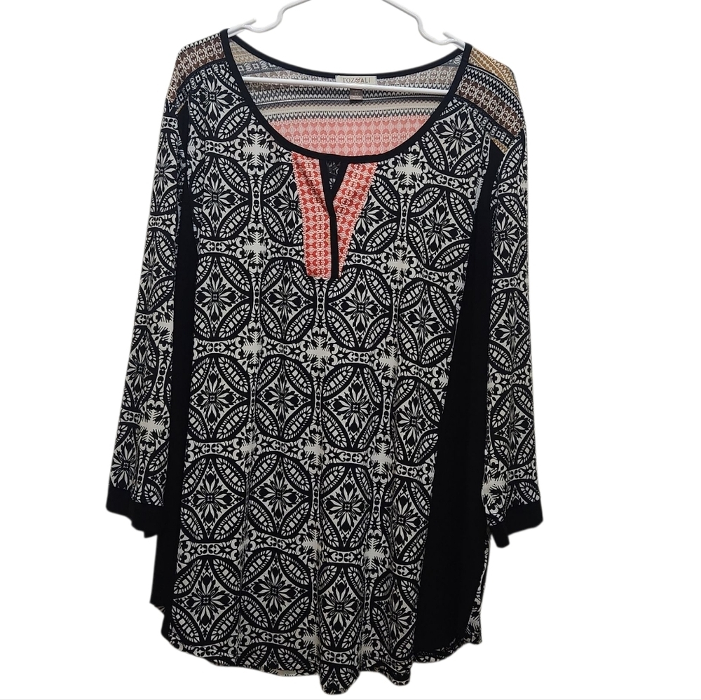 ROZ & ALI Red White Black 3/4 Sleeve Geometric Print Medallion Tunic Plus Sz 3X